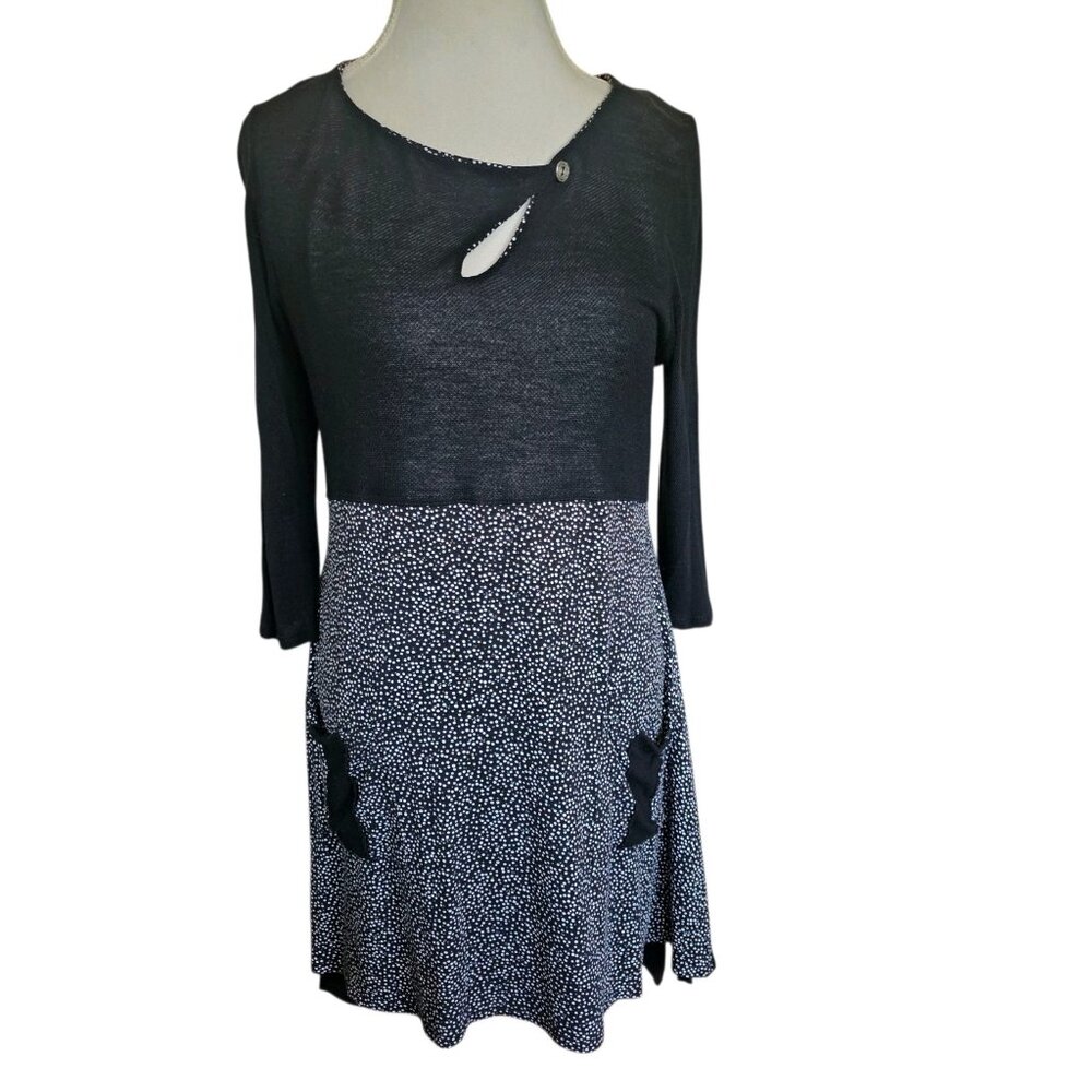 VTG Y2K Black Dot Print Tunic Shirt Modal Assymetric Lagenlook Artsy‎ Sz L